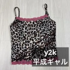 ヒョウ柄キャミソール ピンクレース付き　y2k 平成ギャル　古着女子