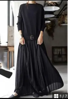 アンティカ　ブラック　patterntorso ニットプリーツワンピース