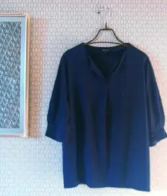 indivi 　ネイビー七分袖シャツ きちんと見えオフィス　大きめ12　ゆったり