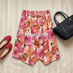 Newlyme 花柄 タイトスカート L 薔薇 ピンク ボタン綺麗め