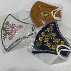 【希少】花柄　ボタニカル　刺繍　レース　マルチカラー　インド綿マスク　3枚セット