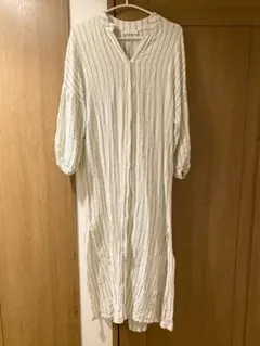 ★美品★グリーンストライプ 七分袖 シャツワンピース