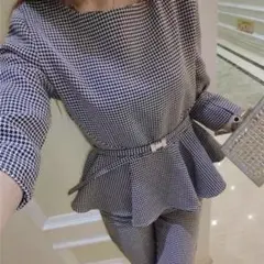 サイズXS 新品　ペプラムセットアップ スーツセット 千鳥柄三点セット