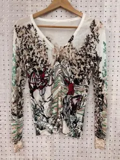 インポート 古着 ジョッキー 自然 イラスト シルク混紡 ニット カーディガン