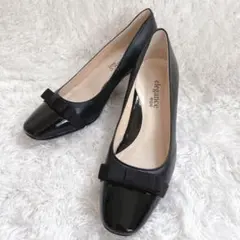 エレガンス卑弥呼　レザー×エナメル　パンプス　リボン付　ブラック　23.5