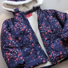 moujonjon 花柄中綿コート 100cm ネイビー　ダウン　フード取外し