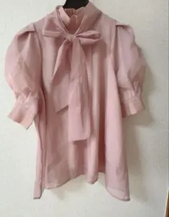 clear リボン付きシフォン半袖ブラウス ピンク　ラメ入り