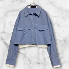 ZARA クロップド丈 切り替えシャツ ブルー ホワイト 綿100 X S