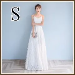 前撮り フェザードレス 白 S 韓国 ロング ワンピ 結婚式　ウエディング