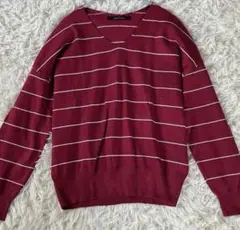 Lugnoncure レディース長袖ボーダートップス　FREE Ｖネック　赤系