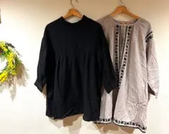 Samansa Mos2 ブラック2WAY七分袖ブラウス／刺繍入りチュニック