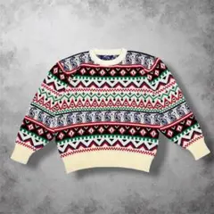 ノルディック柄 ニットセーター 総柄 クルーネック 厚手
