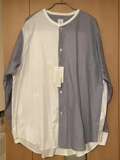 新品 Si 白/青 ストライプ バイカラー 長袖シャツ M