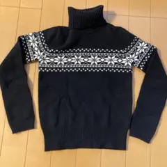 [平成レトロ]タートルネックセーター 雪の結晶模様　ブラック