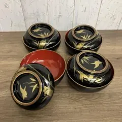 D-4 ④ 【希少・美品】会津塗 吸物椀 4客セット 金蒔絵 竹笹模様 漆器のサムネイル