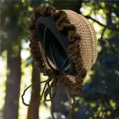 フリル付きボンネット　ヘッドドレス　バブーシュカ　森ガール　茶色系