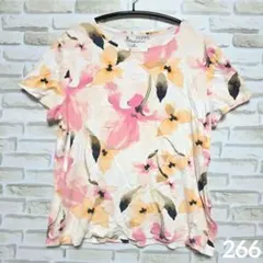 クロフトアンドバロー 花柄 Tシャツ クルーネック 半袖 S 桃 白 綿 デート
