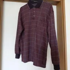 長袖ポロシャツ 茶色 チェック柄 メンズLサイズ シニア