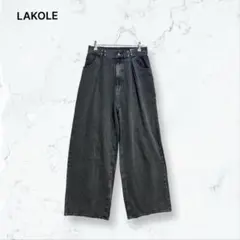 r054 ラコレ デニム 黒 M ワイド タック アダストリア 無地 金具 春夏のサムネイル