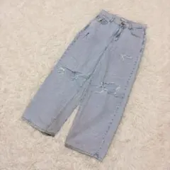 ZARA デニムパンツ ダメージ加工 ワイドストレート ライトブルー Y2K