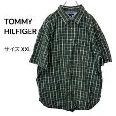 TOMMY HILFIGER（XXL）半袖チェックシャツ グリーン トミー