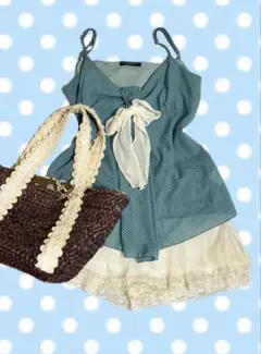 水玉 リボン　キャミソール　水色　平成 ガーリー