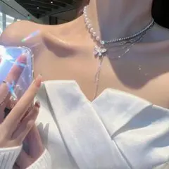 【限定】シルバーネックレス　パール　レディース　カジュアル　フォーマル　韓国