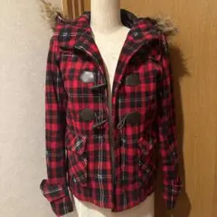 赤のタータンチェック　ダッフルコート
