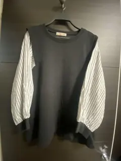 バルーンスリーブ長袖トップス 黒・ストライプ3L