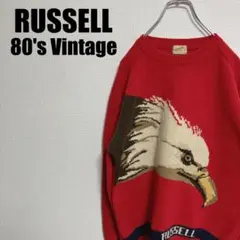 80s金タグRUSSELLアニマル柄ウールセーターLラッセル鷲鷹イーグルコンドル