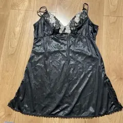 黒 サテン調 キャミソール スリップ ローズ柄 レース