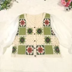 SUREVEシュレーヴ　モチーフ柄ニットシフォン袖カーディガン　七分袖