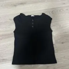 ブラック リブ編み ノースリーブシャツ トップス