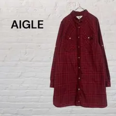 AIGLE エーグル 赤チェック シャツワンピース M コットン混 ロング丈