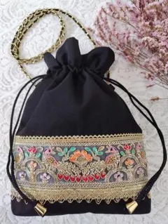 インド刺繍　巾着　サコッシュ　ポシェット　バッグ　ハンドメイド　No.23