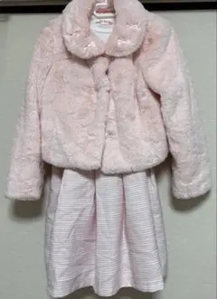ピンクファーコートとストライプドレスセット 130cm
