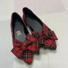 パンプス　フラットシューズ　shein 赤チェック/リボン　26256