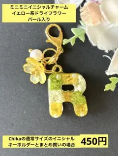 H ミニミニ イニシャルチャーム イエロー系ドライフラワー パール入り