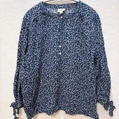 ST.JOHN'S BAY 総柄ブラウス XL 紺 希少デザイン 袖リボン