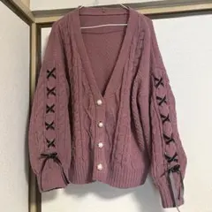 axes femme アクシーズ ファム 編み上げリボン カーディガン ピンク