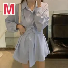 ♡ シンプル 上品 ♡ ミニ丈 シャツワンピース ブルー 洗練【M】e
