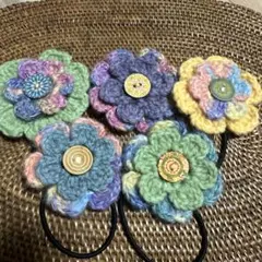 ハンドメイドかぎ針編みお花モチーフヘアゴム 5個セット*くすみカラー　-19-