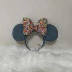 ミッキー型デニムカチューシャ 花柄リボン付き　送料込み