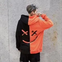 ビッグシルエット プルオーバー パーカー ブラック×オレンジ
