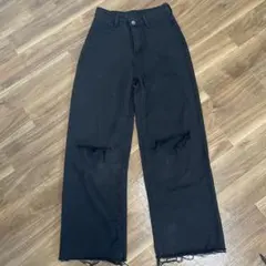 ブラック ワイドレッグ デニムダメージパンツ