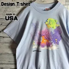 【USA製】90s　Hanes シングルステッチ Tシャツ 熱帯魚 海中 アート