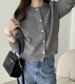 お値下げ　andme パールボタン無地ボーダー長袖ニットカーディガン　M