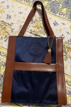 ハナエモリ トートバッグ　紺色×茶色　A4 革装飾