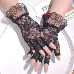 レース ショートグローブ 花柄 指なし フォーマル 結婚式 パーティー 手袋 黒