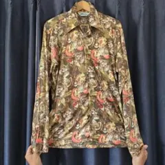 【古着】 Burma 花柄 長袖ポリシャツ ブラウン 70S ボックスシルエット
